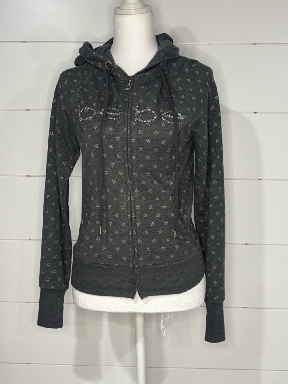 NWT Vintage Y2K Bebe Dark Gray Star Print Zip Hoodie